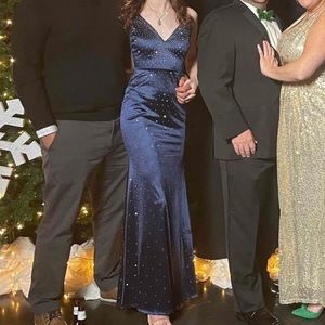 Windsor Blue Satin Maxi Dress with Rhinestones